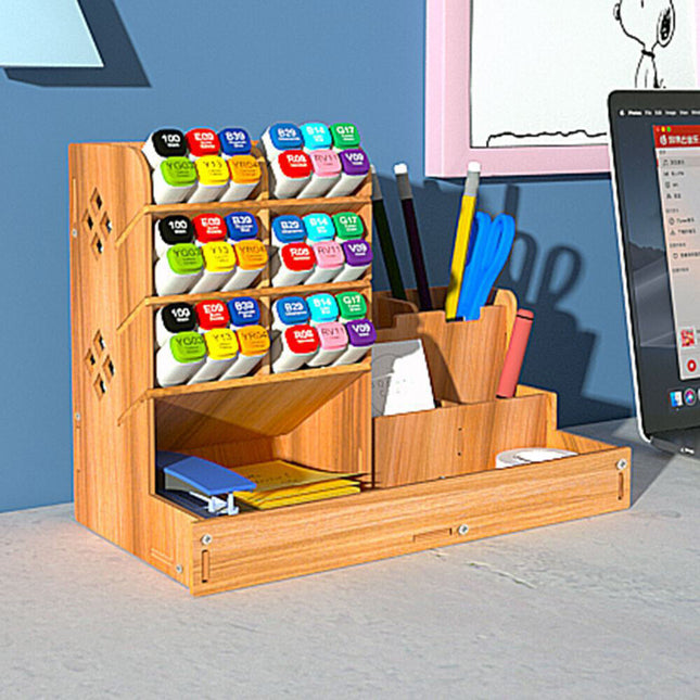 Wooden Pen Pencil Storage Holder Office Study Desk Organizer Box Tidy Shelf Case