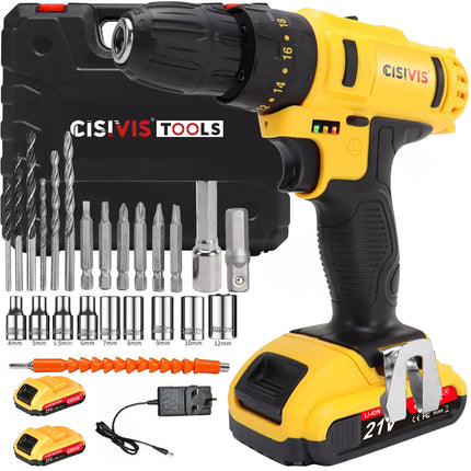 29PCS Cordless Screwdriver Set 21V Cordless Impact Drill Tool Set 2 Batteries