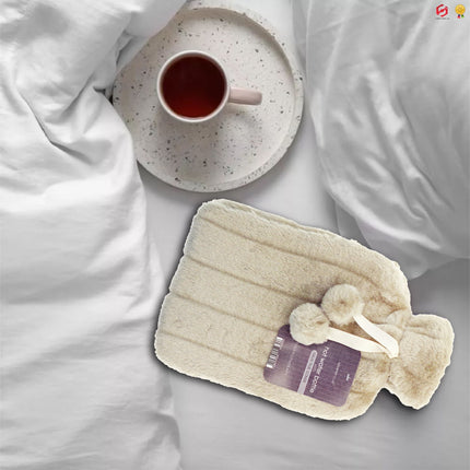 Hot Water Bottle with Faux Fur Removable Pom Pom Cover Body Warmer Xmas 2L Mink