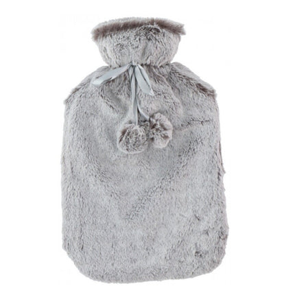 Large 2L Rubber Hot Water Bottle with Warm Faux Fur Fluffy Plush Pom Pom Cover
