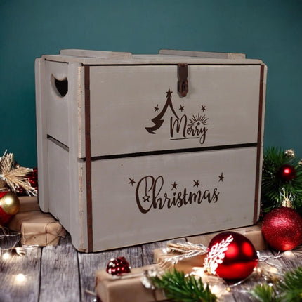 Rustic Vintage Grey Merry Xmas Box Wooden Display Storage Crate Xmas Eve Box