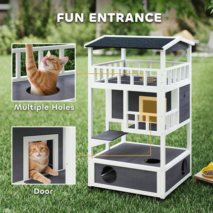 Pawhut Wooden Outdoor Cat House 3-Tier Kitten Shelter W/ Tilted Roof Grey