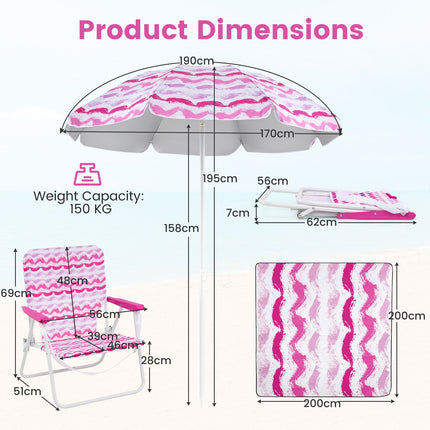 4 Pieces Beach Umbrella Set with 2 Foldable Chairs and Picnic Blanket