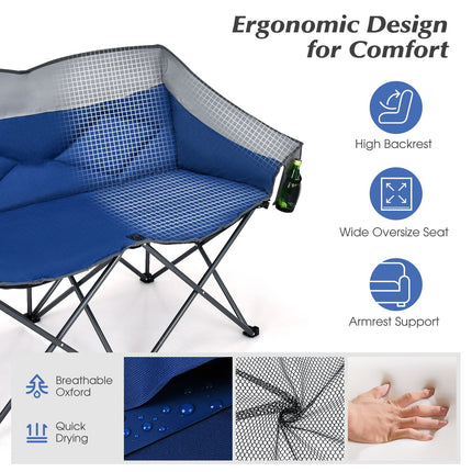 Double Folding Camping Chair with Padded Seat and Storage Pockets