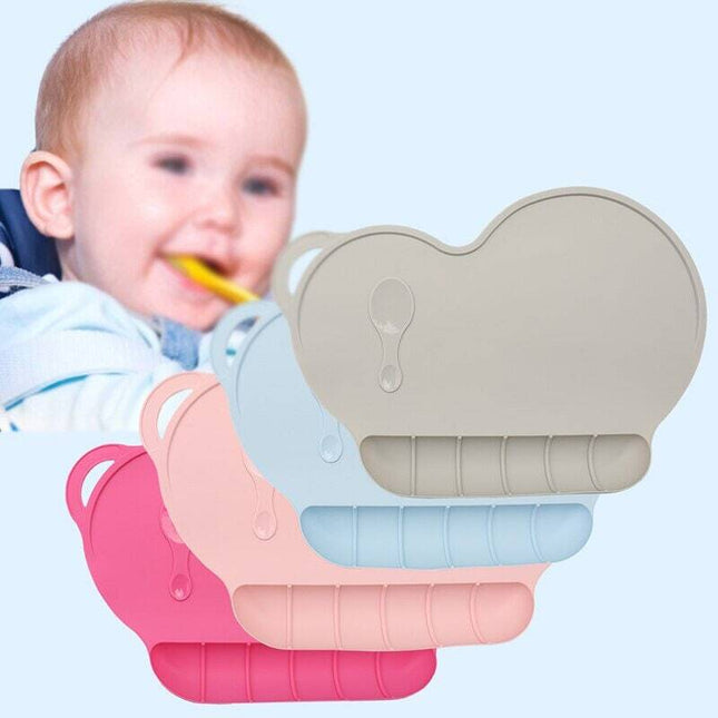 New FDA Approved Kids Baby Bowl Room Table Mat Silicone Placemat Heart Spoon