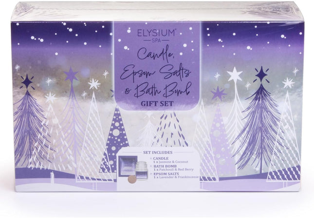 Spa Christmas Bath Gift Set Including Candle, Epsom Salts, Bath Bomb Jasmine, Lavender, Coconut Boxed for Relaxing Festive Giving