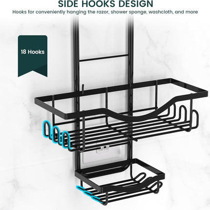 Shower Caddy Hanging Adjustable Shower Caddy, Rustproof Shower Organizer Extended Length Shower Caddy over Shower Head with Hooks Soap Holder, Large Capacity Anti-Swing Bathroom Organizer, Black