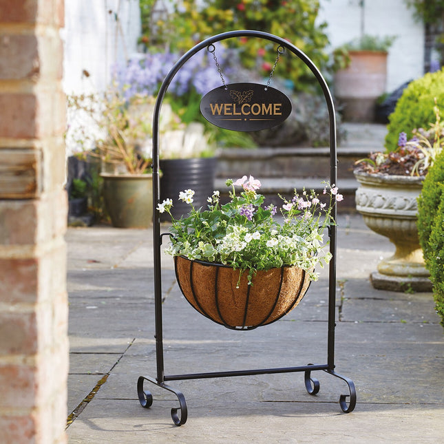 Welcome Planter with Hanging Sign & Basket Home Garden Plant Pot Ornament Decor