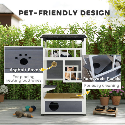 Pawhut Wooden Outdoor Cat House 3-Tier Kitten Shelter W/ Tilted Roof Grey