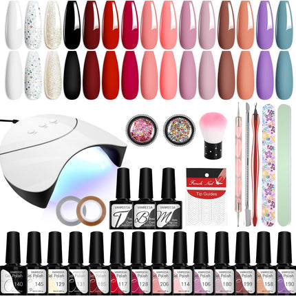 15 Colour Gel Nail Polish Set with 36W UV Nail Lamp - Starter Kit for Gel Nail Art - Pink, Red, Brown