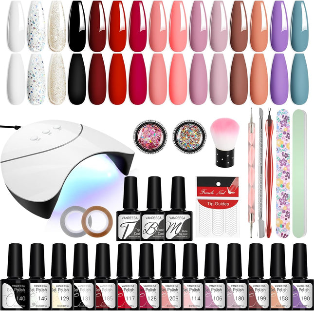 15 Colour Gel Nail Polish Set with 36W UV Nail Lamp - Starter Kit for Gel Nail Art - Pink, Red, Brown