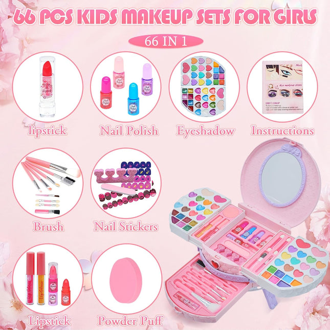 Kids Makeup Sets for Girls - 66 PCS Dresser Vanity Case Make up Set for Girls Childrens Toddler, Washable and Safe Pretend Play Games Toys Makeup Kids, Christmas Birthday Presents for 3+ Year Old Girl