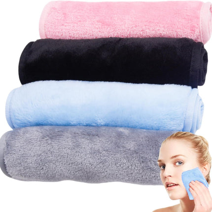 4 Pack Make up Remover Cloth, 40 * 20 CM Flannel Face Cloth Face Wipes for Sensitive Skin Make up Removing(Blue+Grey+Black+Pink)