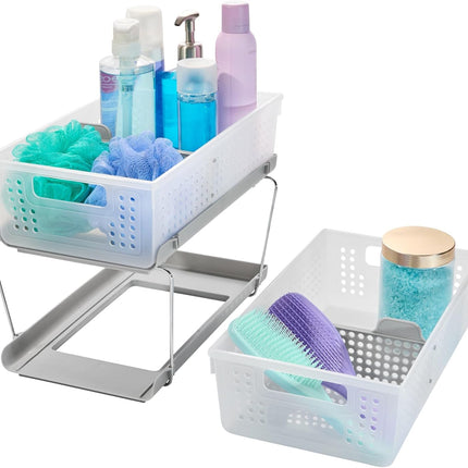 2-Tier Plastic Multipurpose Organizer with Divided Slide-Out Storage Bins, under Sink and Cabinet Organizer Rack, Frost