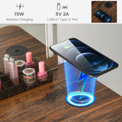 Vanity Table Set with 3-Color LED Lights Mirror and Charging Station