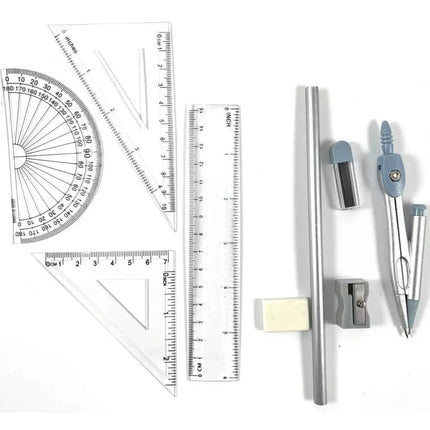 9 Piece Maths Geometry Set Back to School Exam Stationery Compass Protractor CMA