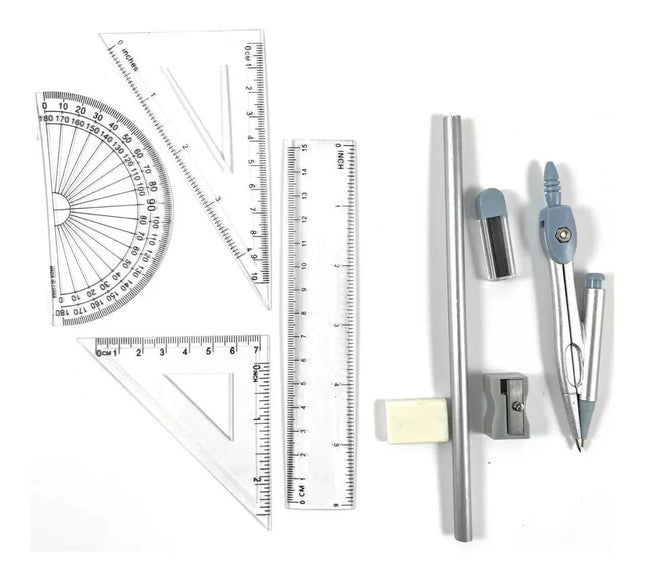 9 Piece Maths Geometry Set Back to School Exam Stationery Compass Protractor CMA