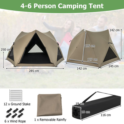 6-Sided Family Tent with Rainfly, Skylight, 3 Doors, 3 Windows