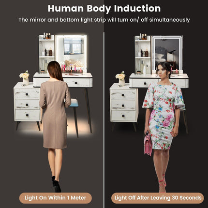 Vanity Table Set with 3-Color LED Lights Mirror and Charging Station