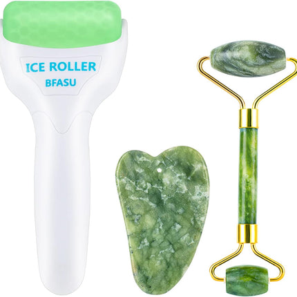 Facial Roller Set of 3, Ice Roller, Jade Roller, Gua Sha Massage Tool, Helps Reduce Puffy Skin, Green