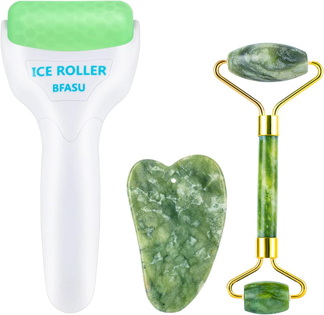Facial Roller Set of 3, Ice Roller, Jade Roller, Gua Sha Massage Tool, Helps Reduce Puffy Skin, Green