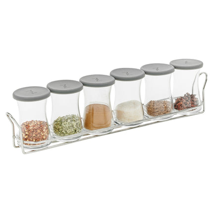 Pasabahce 6 Airtight Silicone Lid Clear Glass Food Storage Spice Jars with Rack