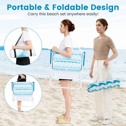 4 Pieces Beach Umbrella Set with 2 Foldable Chairs and Picnic Blanket