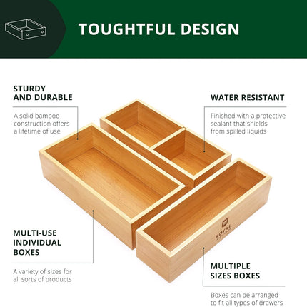 Luxury Bamboo Drawer Organizer Storage Box, Bin Set - Multi-Use Drawer Organizer for Kitchen, Bathroom, Office Desk, Makeup, Jewelry (3 Boxes)