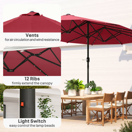 4.4M Double-Sided Sun Umbrella Patio Parasol with LED Solar Lights for Garden