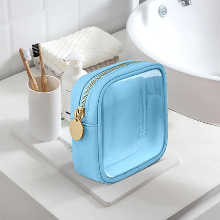 Small Nylon PVC Cosmetic Travel Bag Mini Clear Makeup Bag Waterproof Toiletry Storage Clutch Coin Zipper Pouch Beauty Skincare Bag for Women Girls Pink