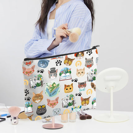 Cat Makeup Bag: Kitten Cosmetic Travel Bag with Zipper - 'Books and Cats' Bag Gift for Cat Lovers