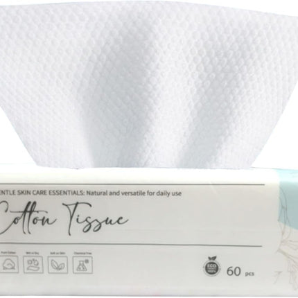 Disposable Face Towels, 60 Count Soft Pure Cotton Dry Wipes for Sensitive Skin, Unscented Biodegradable Cotton Tissues Wet and Dry Use for Baby and Make-Up Remover Wipes
