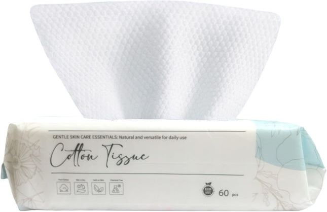 Disposable Face Towels, 60 Count Soft Pure Cotton Dry Wipes for Sensitive Skin, Unscented Biodegradable Cotton Tissues Wet and Dry Use for Baby and Make-Up Remover Wipes