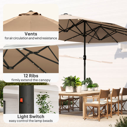 4.4M Double-Sided Sun Umbrella Patio Parasol with LED Solar Lights for Garden