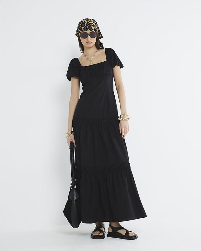 River Island Womens Midi Dress Black Short Puff Sleeve Square Neck Zip Tie Back