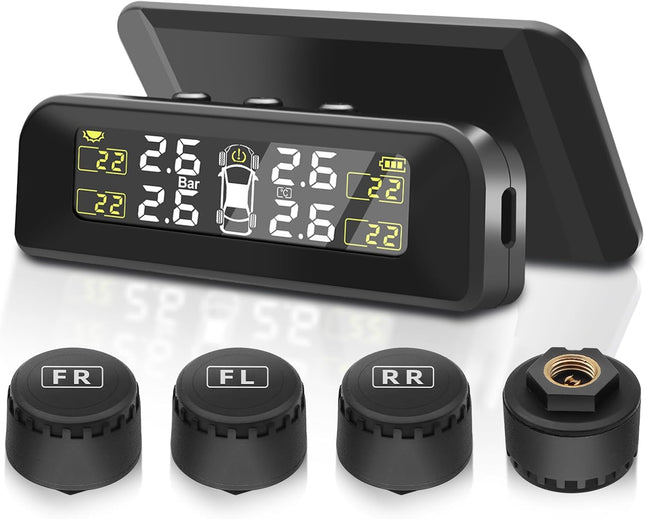 TPMS Solar Tyre Pressure Control System Universal Tire Pressure Monitoring with 5 Alarm Modes Tyre Pressure with External Tyre Pressure Sensor 22-87 PSI for Car, SUV