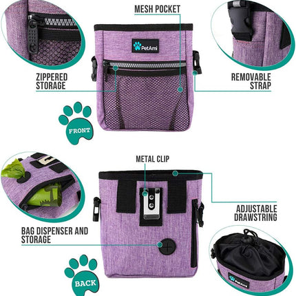 Dog Treat Pouch | Dog Training Pouch Bag with Waist Shoulder Strap, Poop Bag Dispenser | Treat Training Bag for Treats, Kibbles, Pet Toys | 3 Ways to Wear (Purple)