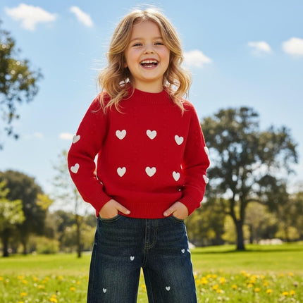 2-7T Spring Fall Little Girls 2Pcs Clothing Set Heart Knit Sweater and Straight Jeans