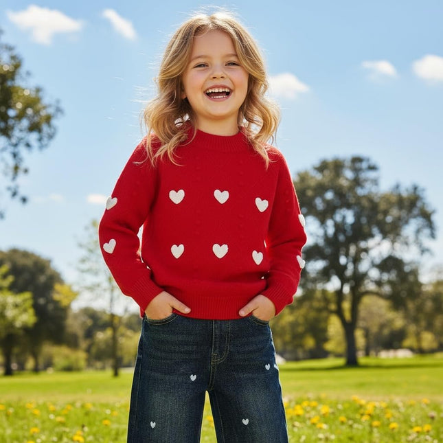 2-7T Spring Fall Little Girls 2Pcs Clothing Set Heart Knit Sweater and Straight Jeans