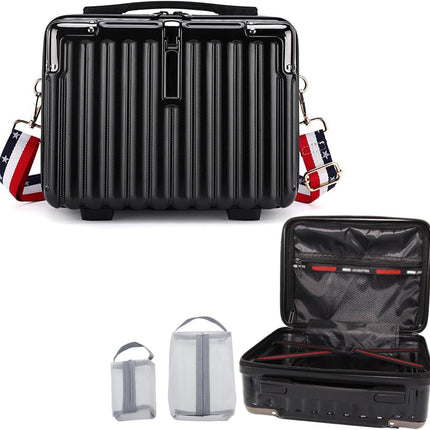 Travel Makeup Case for Women, Hard Shell Cosmetic Bag, Portable Makeup Train Case, Mini Travel Luggage with Shoulder Strap, Zipper, Large Capacity, Black
