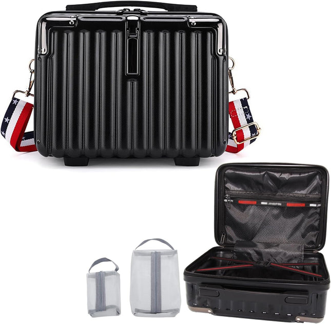 Travel Makeup Case for Women, Hard Shell Cosmetic Bag, Portable Makeup Train Case, Mini Travel Luggage with Shoulder Strap, Zipper, Large Capacity, Black