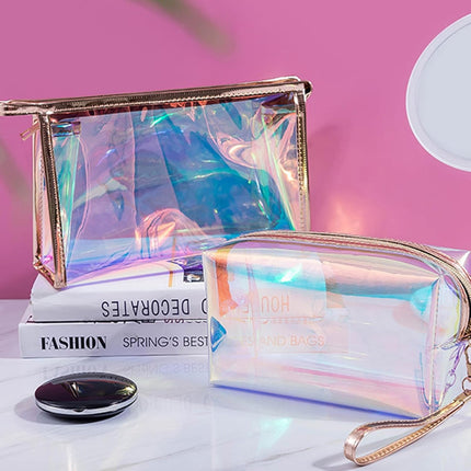 Iridescent Holographic Makeup Bag with Portable Handle, Travel Clear Toiletry Bag, Lipstick Cosmetic Pouch, Waterproof Zipper Beach Bag Make up Organizer Case for Woman Teen Girl, B