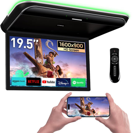 Android Car Overhead Player 19.5 Inch Octa Core Car Roof Mount Monitor Wide IPS Screen 8K Video Built-In Stereo Speakers Flip down Overhead Car Monitor Support 4G Wifi HDMI Input USB RCA Input