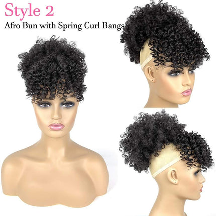 Afro Puff Drawstring Ponytail with Bangs Pineapple Updo Hair for African American Women,Short Kinky Curly Ponytail Bun with 2 Replaceable Bangs(#1B-Black)