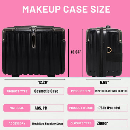 Travel Makeup Case for Women, Hard Shell Cosmetic Bag, Portable Makeup Train Case, Mini Travel Luggage with Shoulder Strap, Zipper, Large Capacity, Black