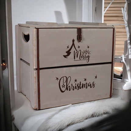 Rustic Vintage Grey Merry Xmas Box Wooden Display Storage Crate Xmas Eve Box
