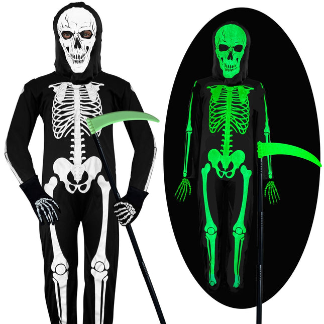 Childrens Kids Skeleton Fancy Dress Costume Glow Halloween Outfit Boys Girls