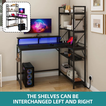 L-Shaped Gaming Desk - Black 106Cm Corner Desk with Power Outlets, LED Lights & Storage Shelves for Home Office