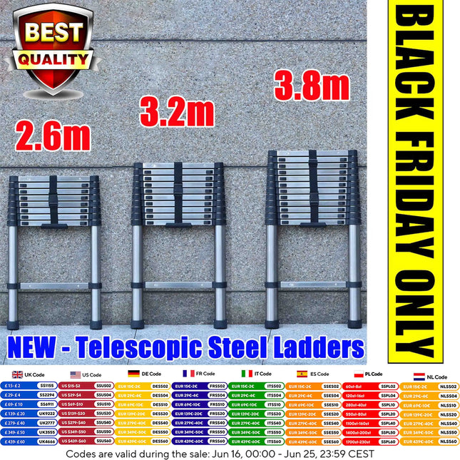 Ladders Extendable Telescopic 2.6M-5M Heavy Duty Multi Purpose Straight Loft Ladder Portable Folding Stainless Steel Ladder Tool