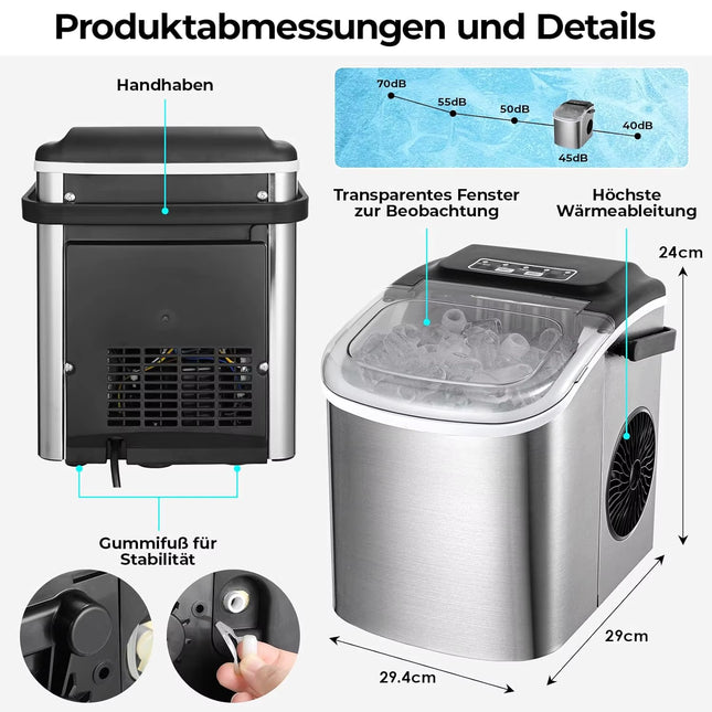 Electric Ice Cube Machine Ice Cube Maker Stainless Steel Icemaker Ice Machine 1.2L,9 Cubes,Self-Clean
